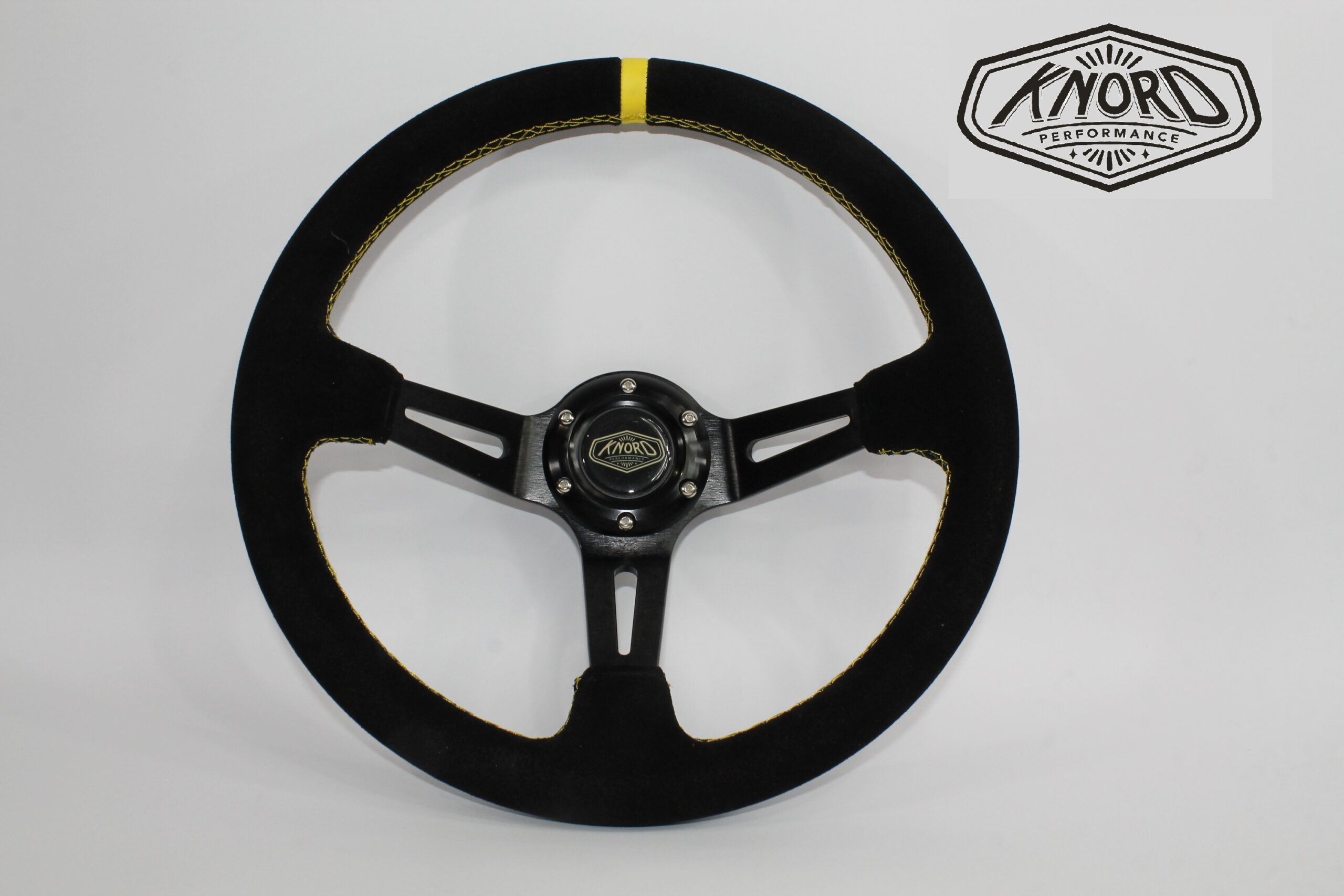 Deep Dish 350mm Universal Steering Wheel Black Suede Yellow Stitching - Image 2