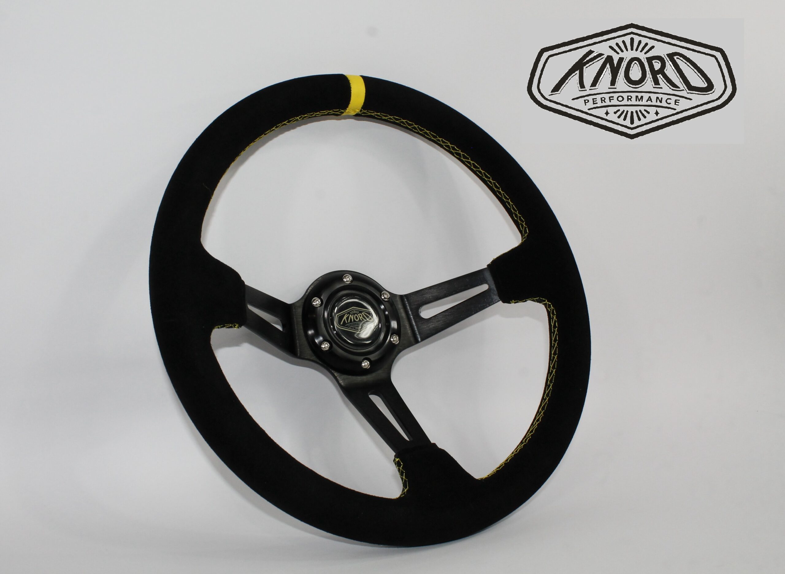 Deep Dish 350mm Universal Steering Wheel Black Suede Yellow Stitching