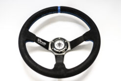 PIRATE MOTORSPORT DEEP DISH 350mm UNIVERSAL STEERING WHEEL BLACK SUEDE BLUE STITCHING