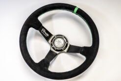 PIRATE MOTORSPORT DEEP DISH 350mm UNIVERSAL STEERING WHEEL BLACK SUEDE GREEN STITCHING