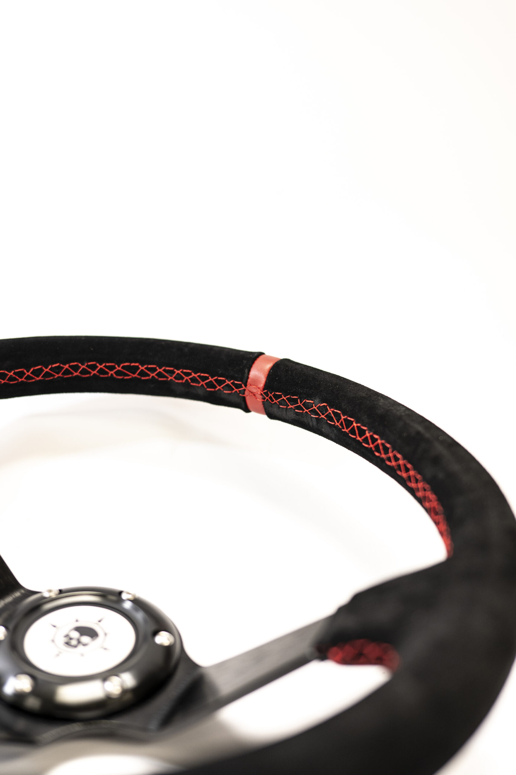 PIRATE MOTORSPORT DEEP DISH 350mm UNIVERSAL STEERING WHEEL BLACK SUEDE RED STITCHING - Image 3