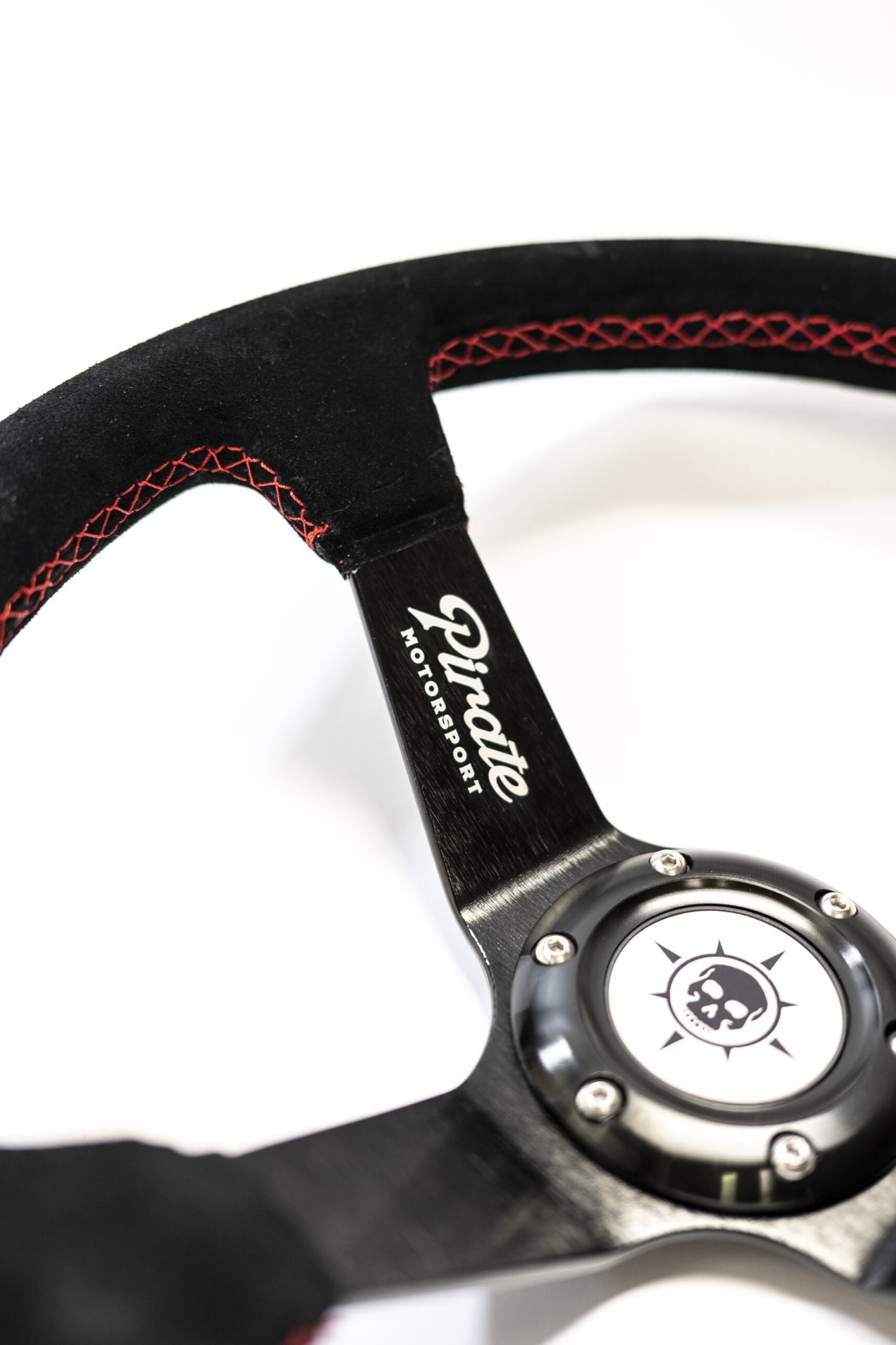 PIRATE MOTORSPORT DEEP DISH 350mm UNIVERSAL STEERING WHEEL BLACK SUEDE RED STITCHING - Image 2