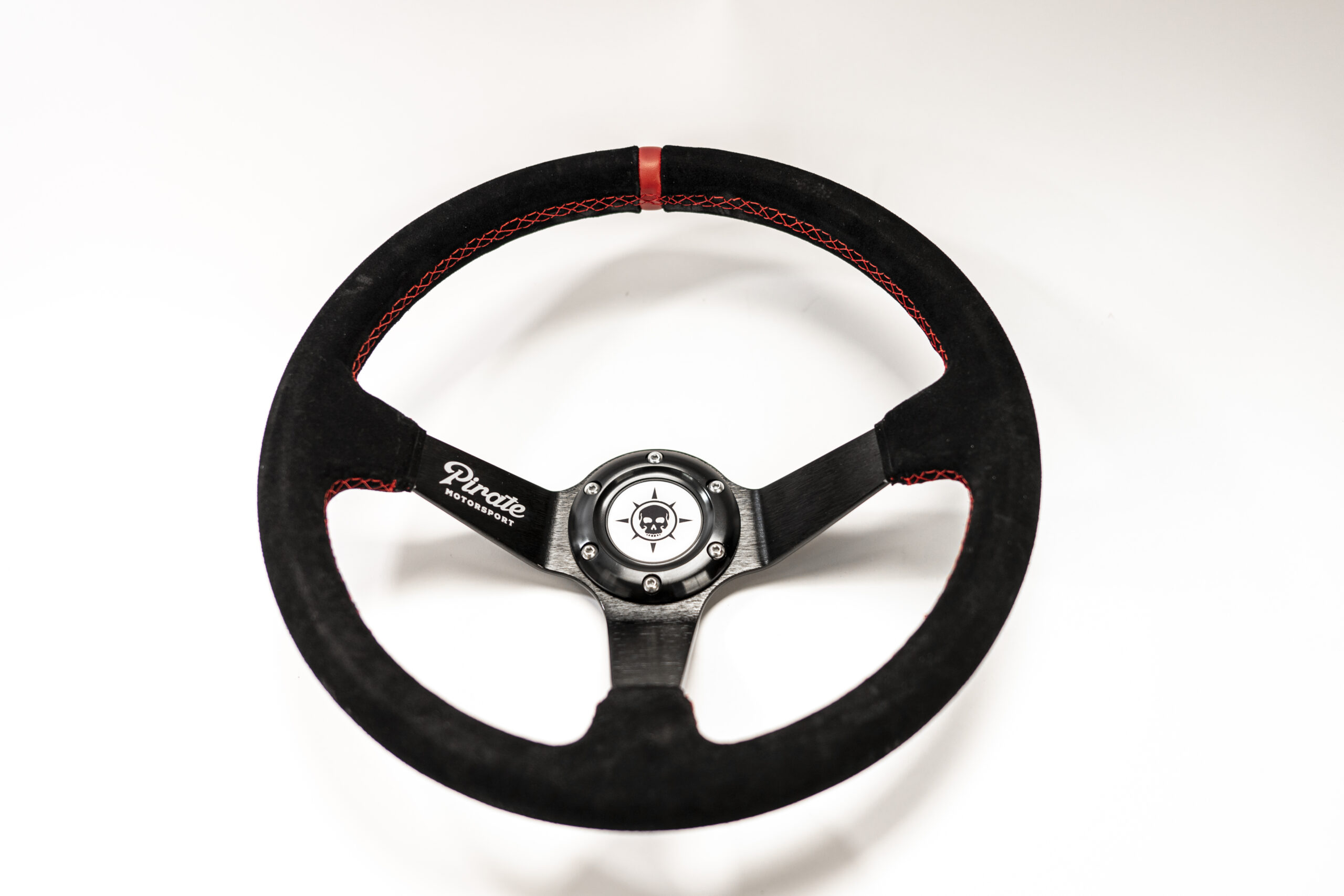 PIRATE MOTORSPORT DEEP DISH 350mm UNIVERSAL STEERING WHEEL BLACK SUEDE RED STITCHING